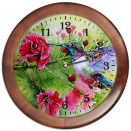 Заказать часы для офиса в Москве. Часы круглые из дерева Птичка Колибри от Aleksa - готовые дизайны и нанесение принтов.