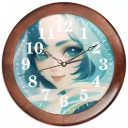 Заказать часы для офиса в Москве. Часы круглые из дерева Девушка с голубыми волосами от Anstey  - готовые дизайны и нанесение принтов.