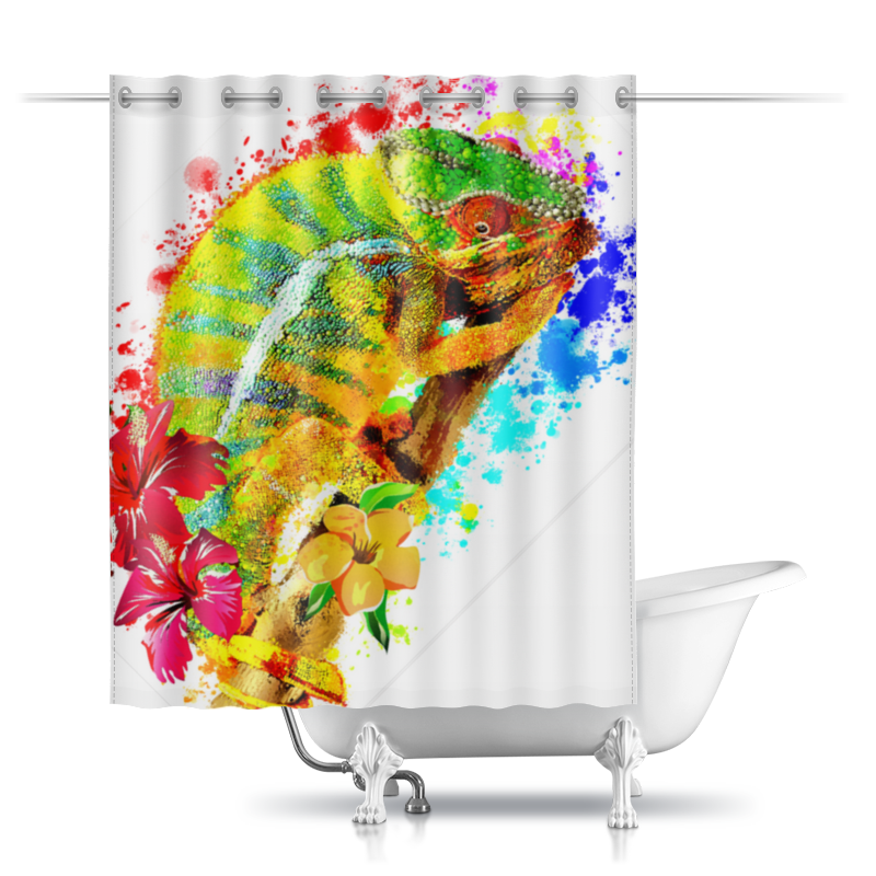 Printio Шторы в ванную Хамелеон с цветами в пятнах краски. printio рубашка поло хамелеон с цветами в пятнах краски