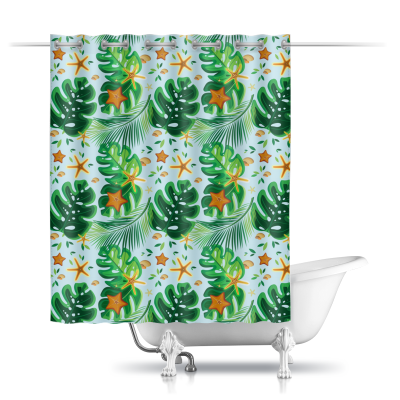 Printio Шторы в ванную Тропические листья и морские звезды printio шторы в ванную морские обитатели