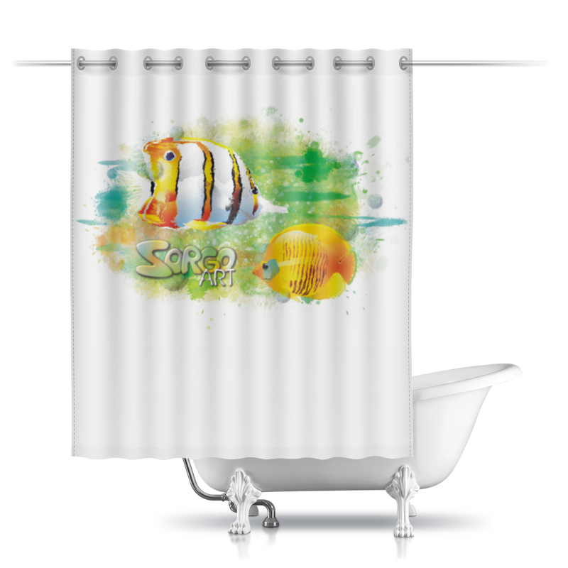 printio шторы в ванную акварельная Printio Шторы в ванную С тропическими рыбками от zorgo-art.