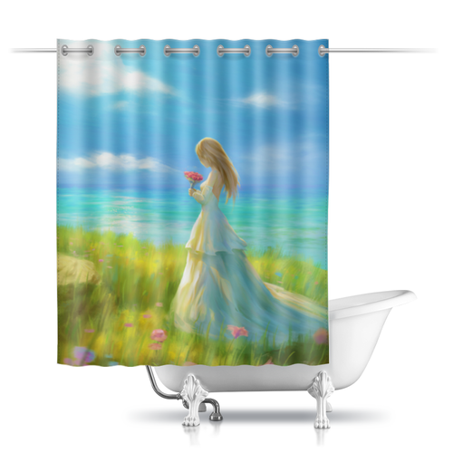 Заказать штору для ванных комнат в Москве. Шторы в ванную Девушка с цветами от Дана Столыпина - готовые дизайны и нанесение принтов.