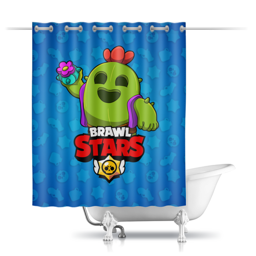 Заказать штору для ванных комнат в Москве. Шторы в ванную BRAWL STARS SPIKE от geekbox - готовые дизайны и нанесение принтов.