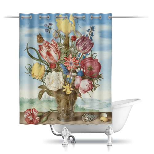 Заказать штору для ванных комнат в Москве. Шторы в ванную Букет цветов на полке (Амброзиус Босхарт) от trend - готовые дизайны и нанесение принтов.