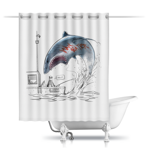 Заказать штору для ванных комнат в Москве. Шторы в ванную Людоед от Дана Столыпина - готовые дизайны и нанесение принтов.
