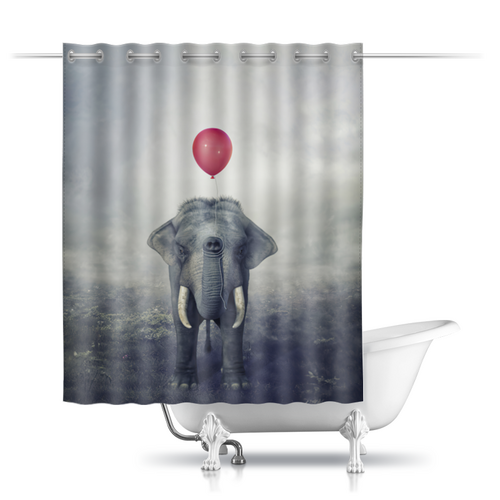 Заказать штору для ванных комнат в Москве. Шторы в ванную Красный шар и слон от Дана Столыпина - готовые дизайны и нанесение принтов.