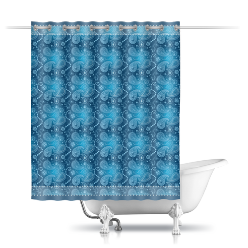 Заказать штору для ванных комнат в Москве. Шторы в ванную Бохо шик стиль, пейсли голубой цвет паттерн  от eszadesign - готовые дизайны и нанесение принтов.