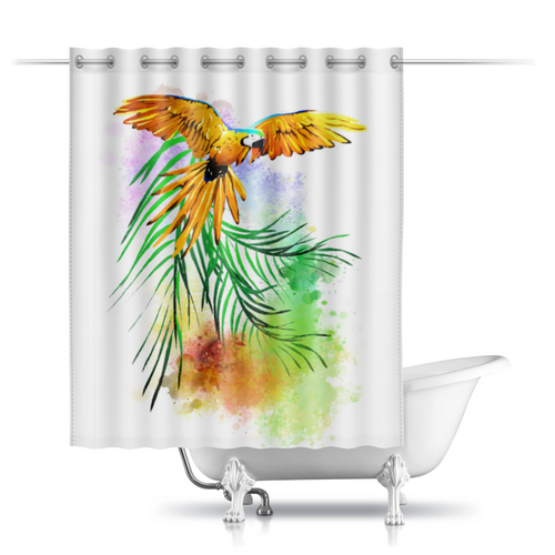 Заказать штору для ванных комнат в Москве. Шторы в ванную Попугай на ветке. от Zorgo-Art  - готовые дизайны и нанесение принтов.