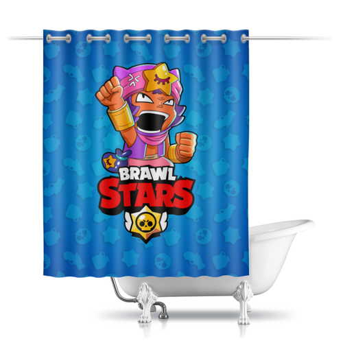 Заказать штору для ванных комнат в Москве. Шторы в ванную BRAWL STARS SANDY  от geekbox - готовые дизайны и нанесение принтов.