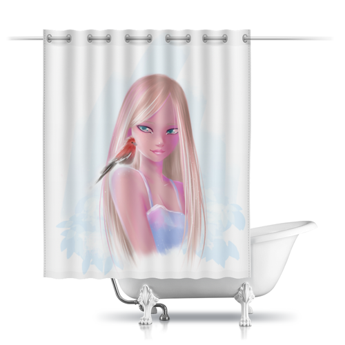 Заказать штору для ванных комнат в Москве. Шторы в ванную Девушка с птицей от Дана Столыпина - готовые дизайны и нанесение принтов.