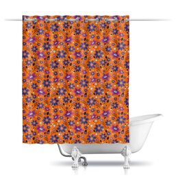 Заказать штору для ванных комнат в Москве. Шторы в ванную цветочный паттерн на оранжевом фоне от ELENA ZHARINOVA - готовые дизайны и нанесение принтов.