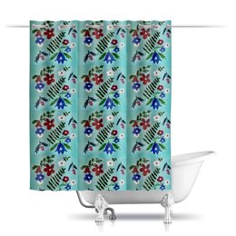 Заказать штору для ванных комнат в Москве. Шторы в ванную Цветы на голубом от mrs-snit@yandex.ru - готовые дизайны и нанесение принтов.