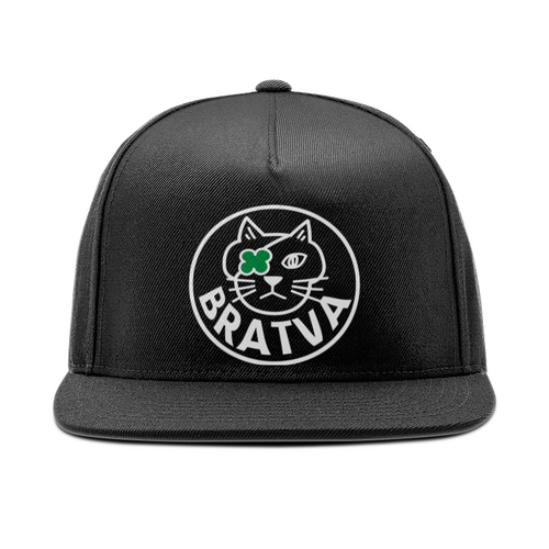 Заказать головной убор в Москве. Кепка снепбек с прямым козырьком Black BRATVA Hat от svetabratva@gmail.com - готовые дизайны и нанесение принтов.