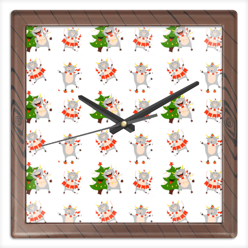 Printio Часы квадратные из пластика (под дерево) Новогодние быки на белом фоне. паттерн printio часы квадратные из пластика под дерево цветы на белом