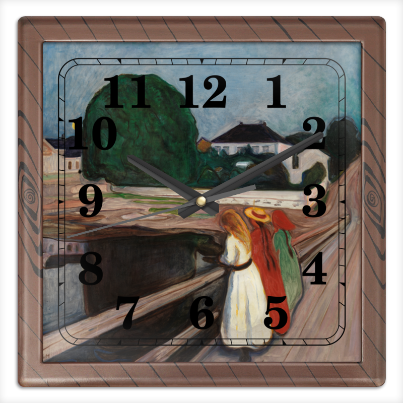 Printio Часы квадратные из пластика (под дерево) Девушки на мосту (картина эдварда мунка) printio часы круглые из дерева девушки на мосту картина эдварда мунка