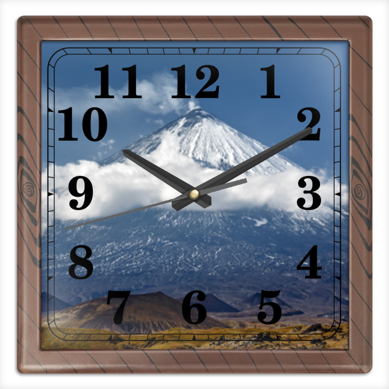 Printio Часы квадратные из пластика (под дерево) Камчатка, осенний пейзаж, извержение вулкана цена и фото