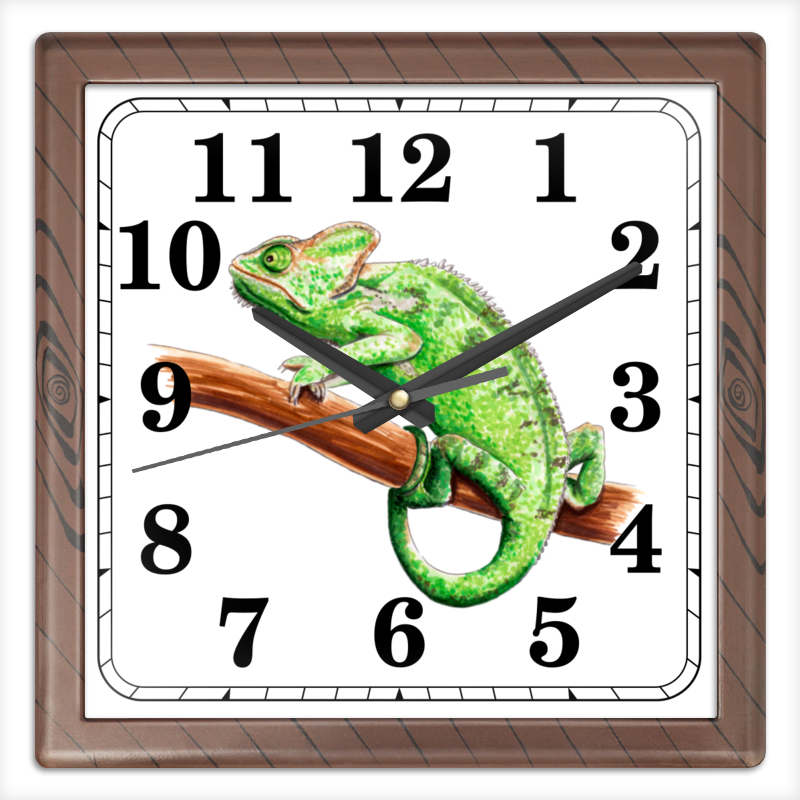 Printio Часы квадратные из пластика (под дерево) Зеленый хамелеон на ветке printio часы круглые из пластика зеленый хамелеон на ветке