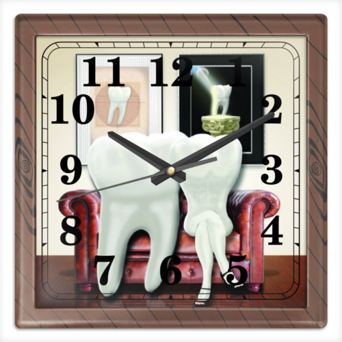 Заказать часы для офиса в Москве. Часы квадратные из пластика (под дерево) Зубная пара от Dr.L - готовые дизайны и нанесение принтов.