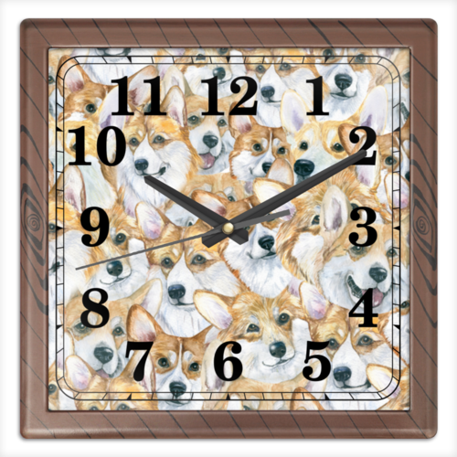 Заказать часы для офиса в Москве. Часы квадратные из пластика (под дерево) Море корги от juliafast77 - готовые дизайны и нанесение принтов.