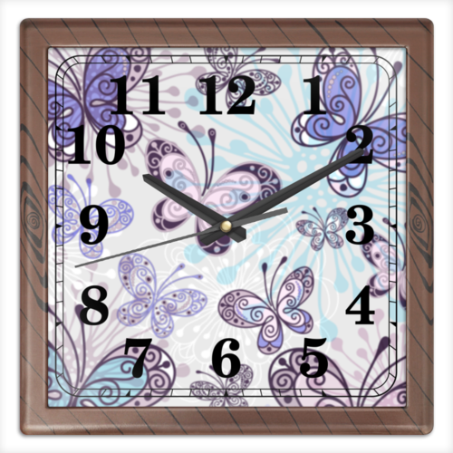 Заказать часы для офиса в Москве. Часы квадратные из пластика (под дерево) Фиолетовые бабочки от weeert - готовые дизайны и нанесение принтов.