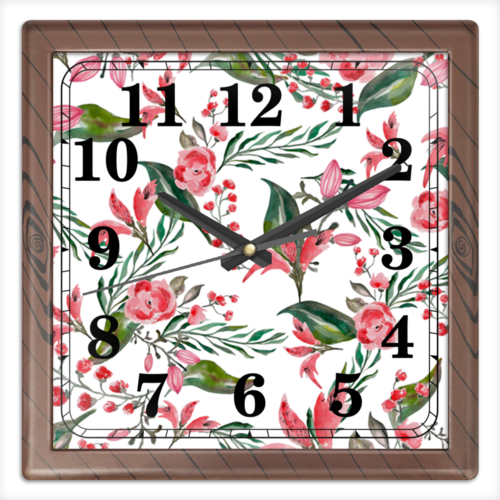 Заказать часы для офиса в Москве. Часы квадратные из пластика (под дерево) Цветы на белом от kate.shmidt.11@mail.ru - готовые дизайны и нанесение принтов.