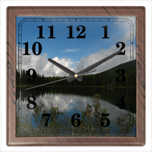 Заказать часы для офиса в Москве. Часы квадратные из пластика (под дерево) Озеро в горах от alena18 - готовые дизайны и нанесение принтов.