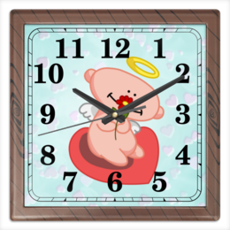 Заказать часы для офиса в Москве. Часы квадратные из пластика (под дерево) Влюбленный ангелок с сердцем от Ordwen - готовые дизайны и нанесение принтов.