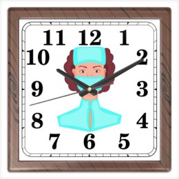 Заказать часы для офиса в Москве. Часы квадратные из пластика (под дерево) Медсестра в маске от Stil na yarkosti - готовые дизайны и нанесение принтов.