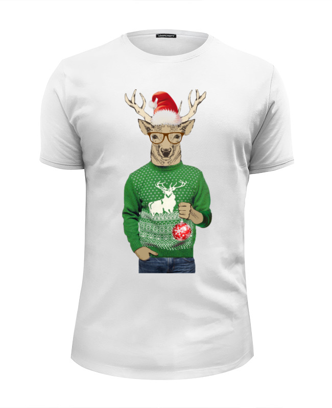 Printio Футболка Wearcraft Premium Slim Fit Олень новогодний в свитере и очках с шариком