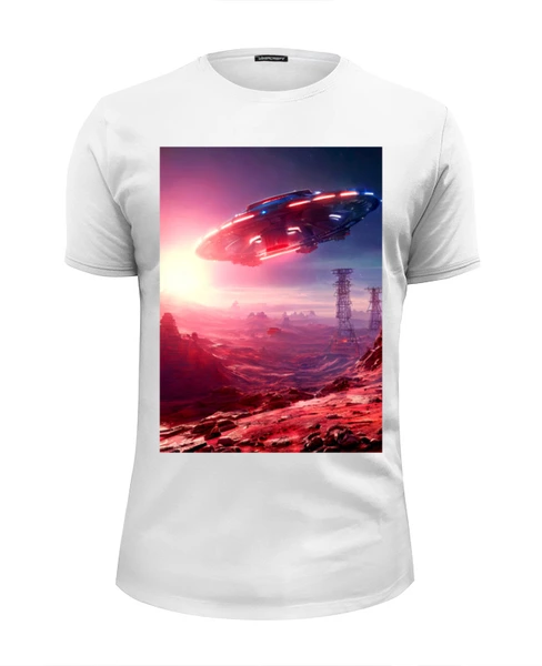 Заказать мужскую футболку в Москве. Футболка базовая Летающая тарелка от Дана Столыпина - готовые дизайны и нанесение принтов.