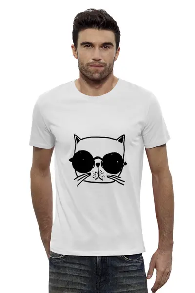 Заказать мужскую футболку в Москве. Футболка базовая Кот и очки от denis01001 - готовые дизайны и нанесение принтов.