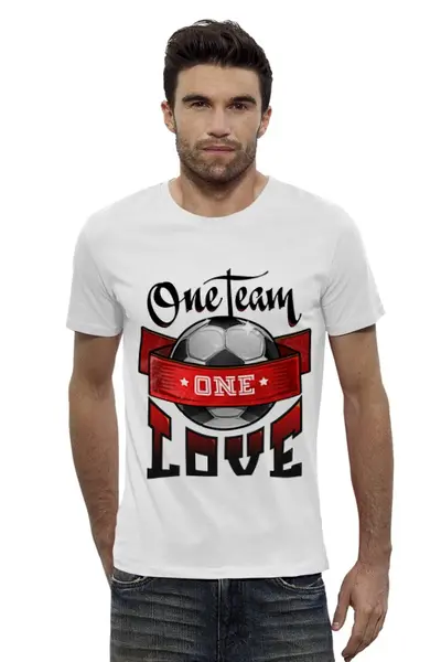 Заказать мужскую футболку в Москве. Футболка базовая One team, one love от fans - готовые дизайны и нанесение принтов.