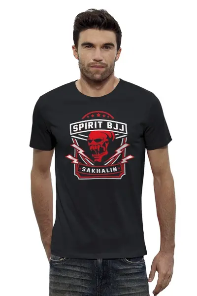 Заказать мужскую футболку в Москве. Футболка базовая Spirit BJJ Sakhalin Skull (Black) от kiralabu - готовые дизайны и нанесение принтов.