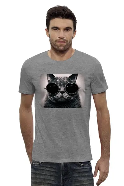 Заказать мужскую футболку в Москве. Футболка базовая кот в очках от godsmack - готовые дизайны и нанесение принтов.