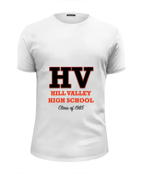 Заказать мужскую футболку в Москве. Футболка базовая Hill Valley High School'85 от Nikita Nelyubin - готовые дизайны и нанесение принтов.