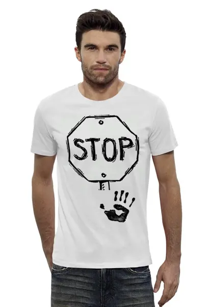 Заказать мужскую футболку в Москве. Футболка базовая STOP! от Виктория Бобудаева - готовые дизайны и нанесение принтов.