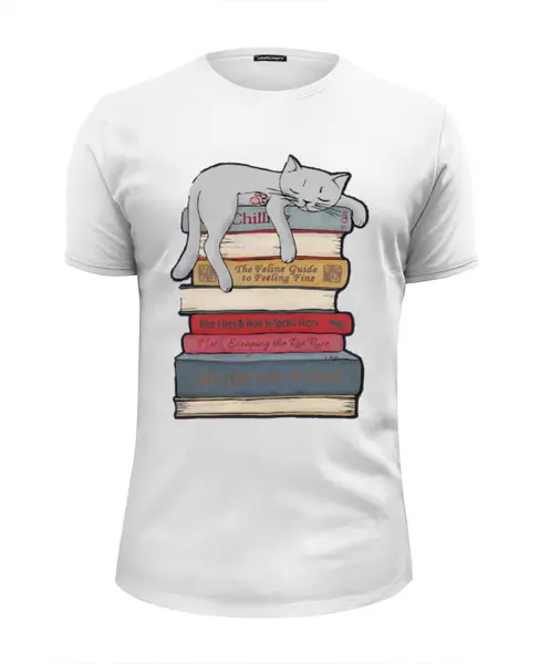 Заказать мужскую футболку в Москве. Футболка базовая кот и книги от cherdantcev - готовые дизайны и нанесение принтов.