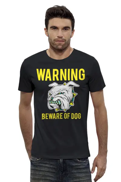 Заказать мужскую футболку в Москве. Футболка базовая Осторожно собака от megashmot - готовые дизайны и нанесение принтов.