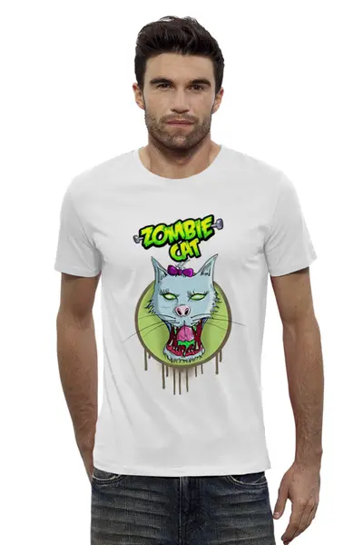 Заказать мужскую футболку в Москве. Футболка базовая Zombie cat от ПРИНТЫ ПЕЧАТЬ  - готовые дизайны и нанесение принтов.