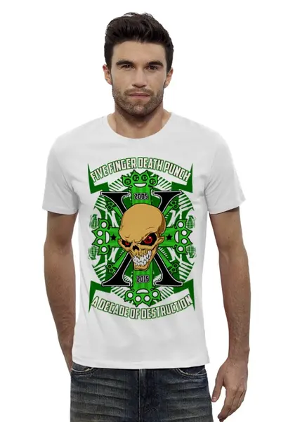 Заказать мужскую футболку в Москве. Футболка базовая Five Finger Death Punch - X (Юбилейная) от madfive5 - готовые дизайны и нанесение принтов.
