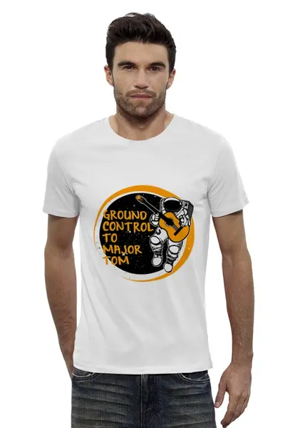 Заказать мужскую футболку в Москве. Футболка базовая Космонавт с Гитарой от fanart - готовые дизайны и нанесение принтов.