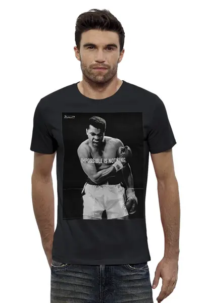 Заказать мужскую футболку в Москве. Футболка базовая Muhammad Ali 'IMPOSSIBLE IS NOTHING' от creativemen - готовые дизайны и нанесение принтов.