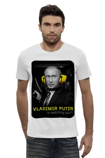 Заказать мужскую футболку в Москве. Футболка базовая VLADIMIR PUTIN is watching you!!! от nikita-moscow - готовые дизайны и нанесение принтов.