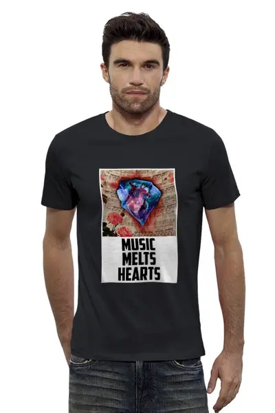 Заказать мужскую футболку в Москве. Футболка базовая Музыка растапливает сердца - "MUSIC MELTS HEARTS" от art_yaroslav - готовые дизайны и нанесение принтов.