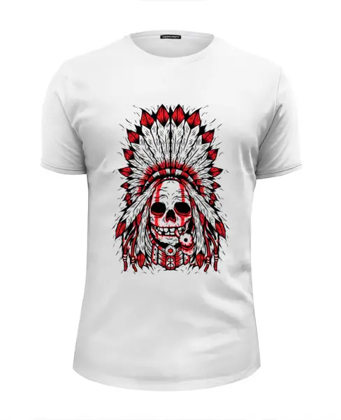Заказать мужскую футболку в Москве. Футболка базовая Скелет в индейской шляпе от YellowCloverShop - готовые дизайны и нанесение принтов.