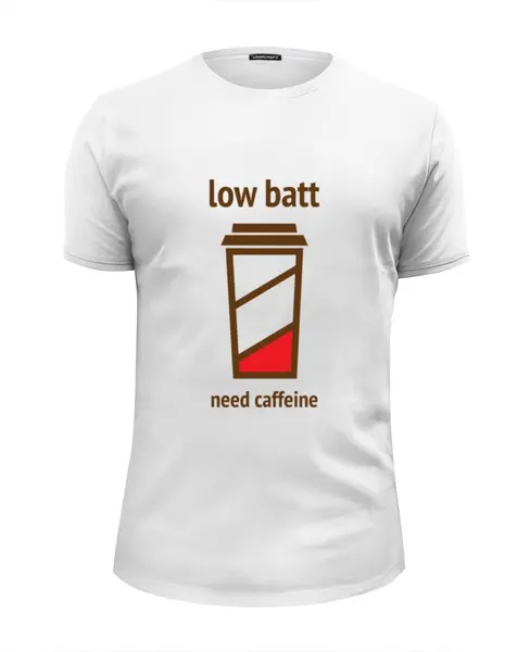 Заказать мужскую футболку в Москве. Футболка базовая Low batt need caffeine от zen4@bk.ru - готовые дизайны и нанесение принтов.