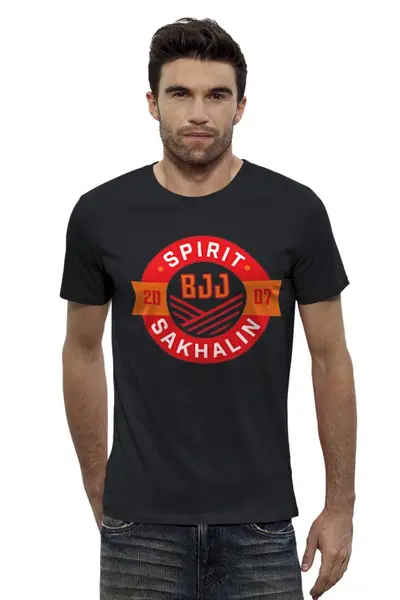 Заказать мужскую футболку в Москве. Футболка базовая Spirit BJJ Sakhalin Logo (Black) от kiralabu - готовые дизайны и нанесение принтов.
