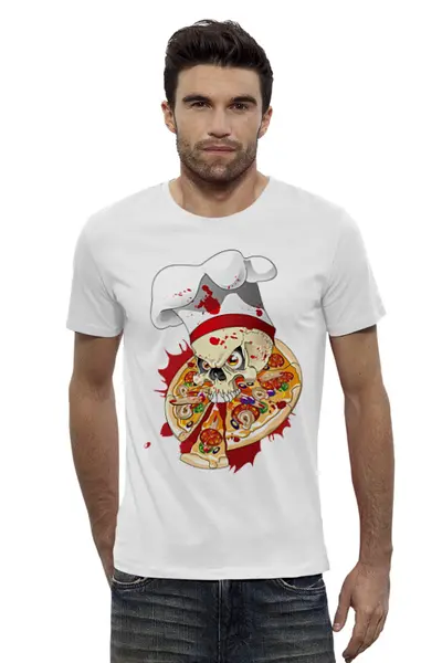 Заказать мужскую футболку в Москве. Футболка базовая Череп и пицца от Елена  - готовые дизайны и нанесение принтов.