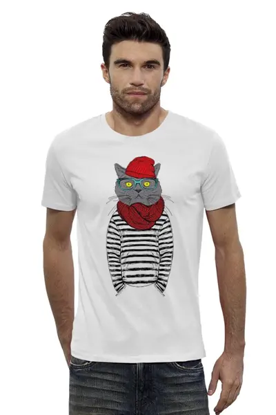 Заказать мужскую футболку в Москве. Футболка базовая Cat Hipster от sashadasha - готовые дизайны и нанесение принтов.