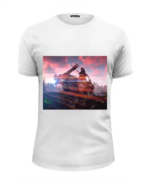 Заказать мужскую футболку в Москве. Футболка базовая Horizon Zero Dawn от GeekFox  - готовые дизайны и нанесение принтов.